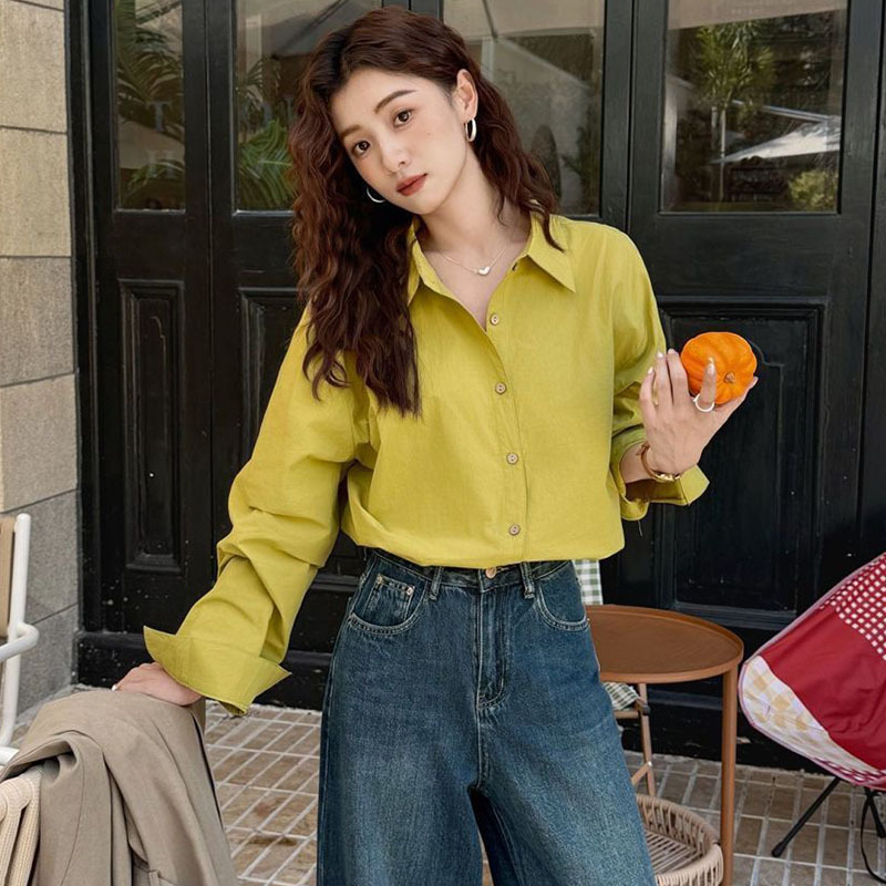 Hong Kong Style Retro Mustard Yellow-Green Shirt for Women, Early Spring and Autumn New Design, Niche Commuter Professional Long-Sleeve Top Hong Kong Style Retro Mustard Yellow-Green Shirt for Women, Early Spring and Autumn New Design, Niche Commuter Professional Long-Sleeve Top