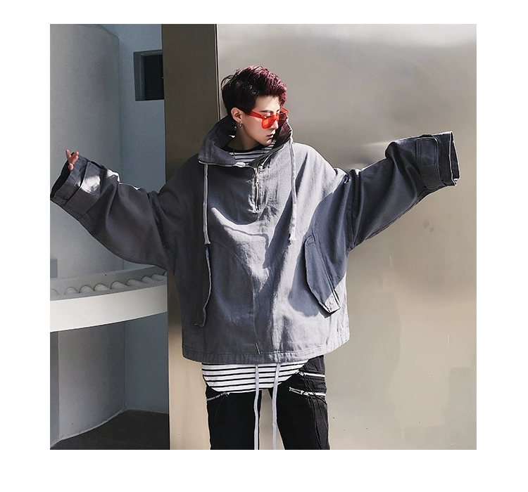 Mùa xuân mới châu Âu và Mỹ cao đường phố nam oversize lỏng cao cổ áo khoác denim bf gió nam và nữ áo khoác hip hop