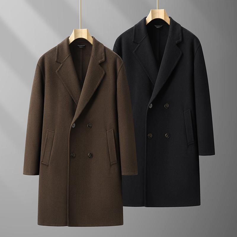Plus-Size Men's Long Double-Faced Wool Coat, Business Double-Breasted Woolen Trench Coat for Large Men