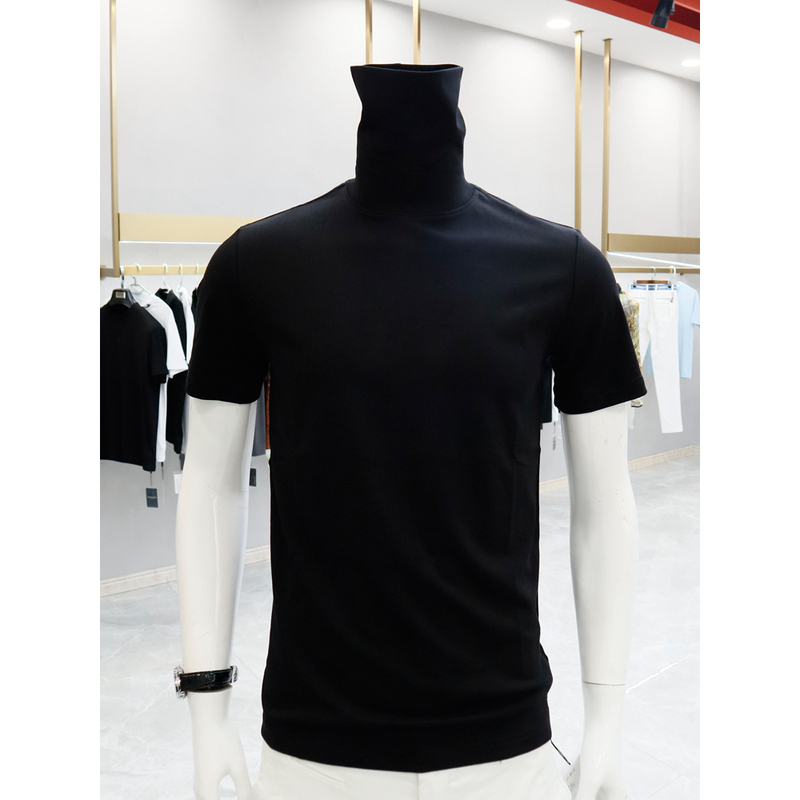 High-Neck Short-Sleeve T-Shirt for Men 2026 New Spring Double Lapel Solid Color American Style Slim Fit Black Half-Sleeve Trendy T-Shirt