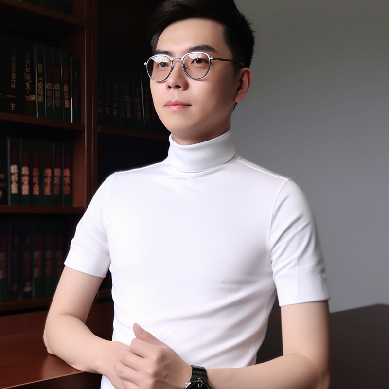 High-End Men's Turtleneck Short-Sleeve T-Shirt, Slim Fit, Solid Color, Convertible Collar, Half-Sleeve, Summer, Trendy, Youthful Style