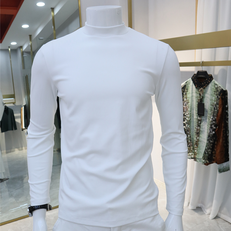 Men's Spring and Autumn Thin Slim-Fit Base Layer Top, White and Black Half-High Collar Long-Sleeve T-Shirt, Trendy