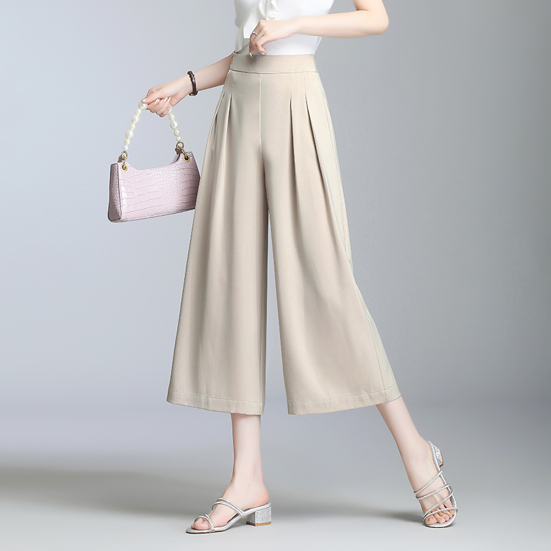 Milk Tea ApricotIce silk Wide leg pants summer female Thin Cropped Trousers 2021 summer trousers easy Show thin acetic acid Silky Satin Women's trousers