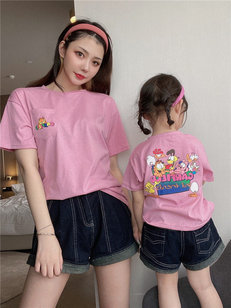Korean parent-child clothing Garfield short-sleeved 2021 summer thin section cartoon foreign style cotton t-shirt net red mother and daughter clothing
