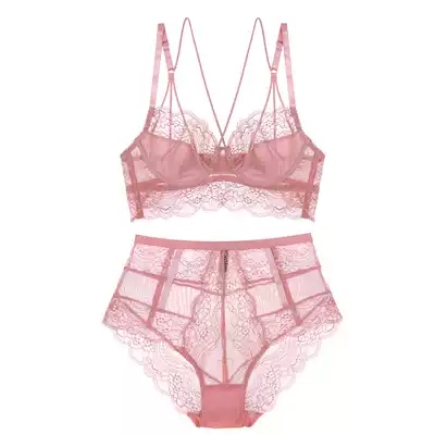 French ultra-thin sexy lace underwear suit see through no sponge, no bumps big chest show small gathering high waist bra