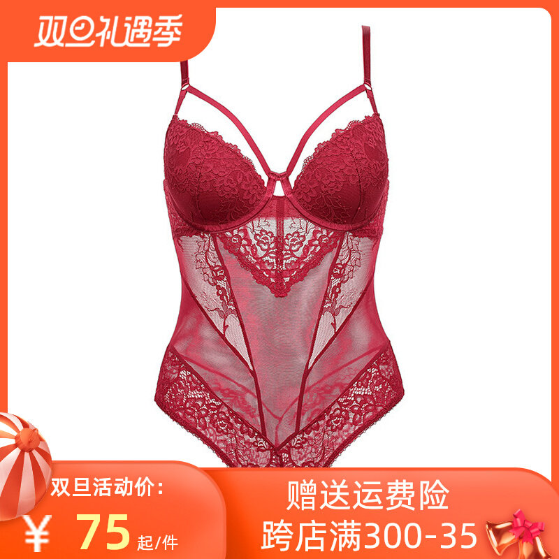 French style sexy lace beautiful back shapewear small chest push up ladies underwear breathable red bridal jumpsuit