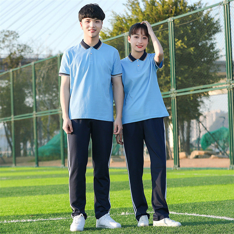 Middle school student uniform suit blue short-sleeved T-shirt class uniform high school junior high school student elementary school college style sports meeting summer clothing