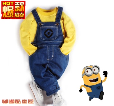 Minions Overalls Children's Cartoon Performance Costume Sweatshirt T-Shirt Denim Suspenders Long Pants Spring and Autumn New Set
