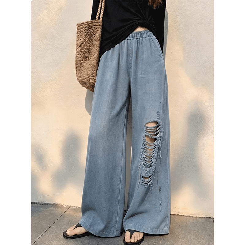 American Retro Style, Age-Reducing, High-Waisted Ripped Jeans for Women, Summer Thin, Loose, Slimming, Versatile Wide-Leg Pants