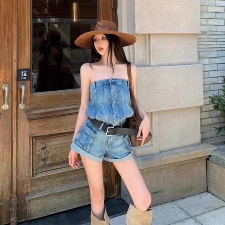 Denim Sexy Tube Top Blue Commuter Style 2026 Spring/Summer High-Waisted Design Jumpsuit Shorts Denim Sexy Tube Top Blue Commuter Style 2026 Spring/Summer High-Waisted Design Jumpsuit Shorts