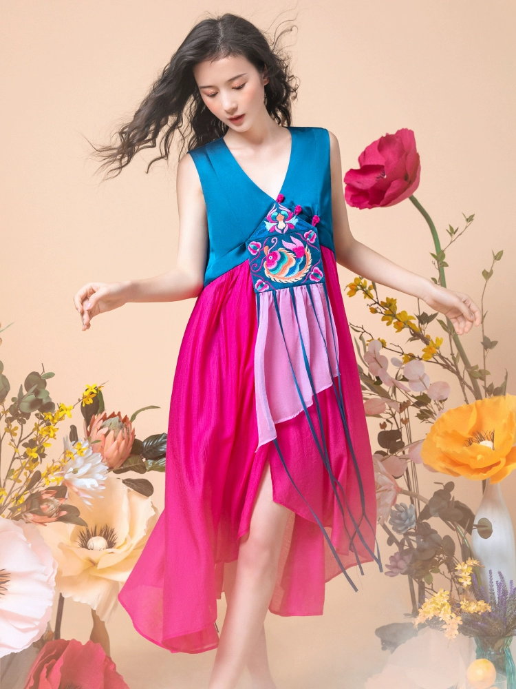 Suluo ban đầu bạch đậu khấu cổ tích quốc gia gió thêu retro mùa hè của phụ nữ mới dài dòng váy chữ A - A-Line Váy