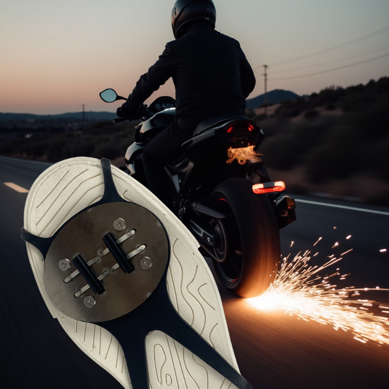Spark Shoe Covers, Bicycle Foot Brakes, Spark Grinding on the Ground, Flint, Motorcycle Shoe Soles, Sparks All the Way