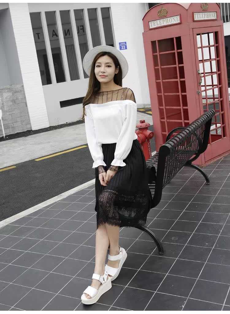 Phối một bên lưới gợi cảm top 2018 thu đông mới ren ren áo voan kèn tay áo chạm đáy áo sơ mi nữ đẹp