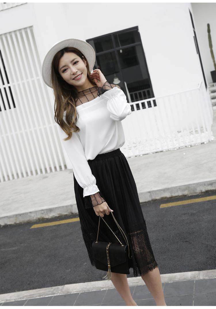 Phối một bên lưới gợi cảm top 2018 thu đông mới ren ren áo voan kèn tay áo chạm đáy áo sơ mi nữ đẹp