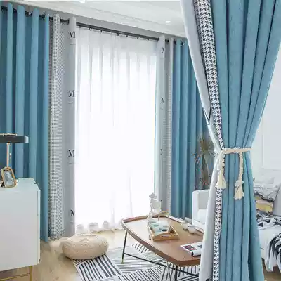 Cashmere seamless stitching curtain thousand bird grid gray yellow color matching living room high grade atmospheric bedroom blackout Nordic simple curtain