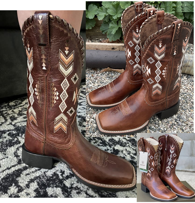 Ariat American Cowboy Boots, Leather Embroidered Square-Toe Rubber-Soled Mid-Calf Boots, Western Boots, Genuine Leather Riding Boots, Women's Boots