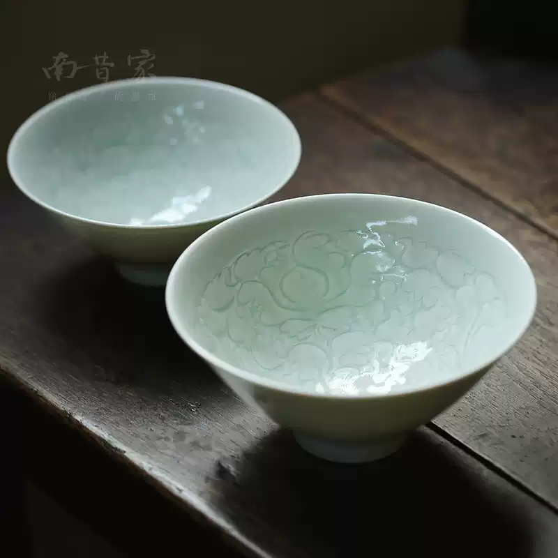 仿宋影青瓷餐具碗景德镇手工薄胎陶瓷供碗湖田窑青瓷刻花中式瓷碗
