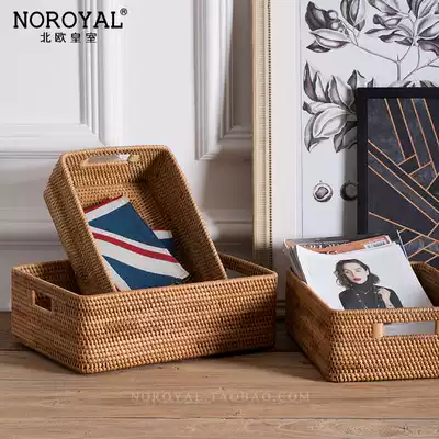 Imported rattan basket high-end American storage box natural hand-woven flat coffee table finishing basket retro storage storage box