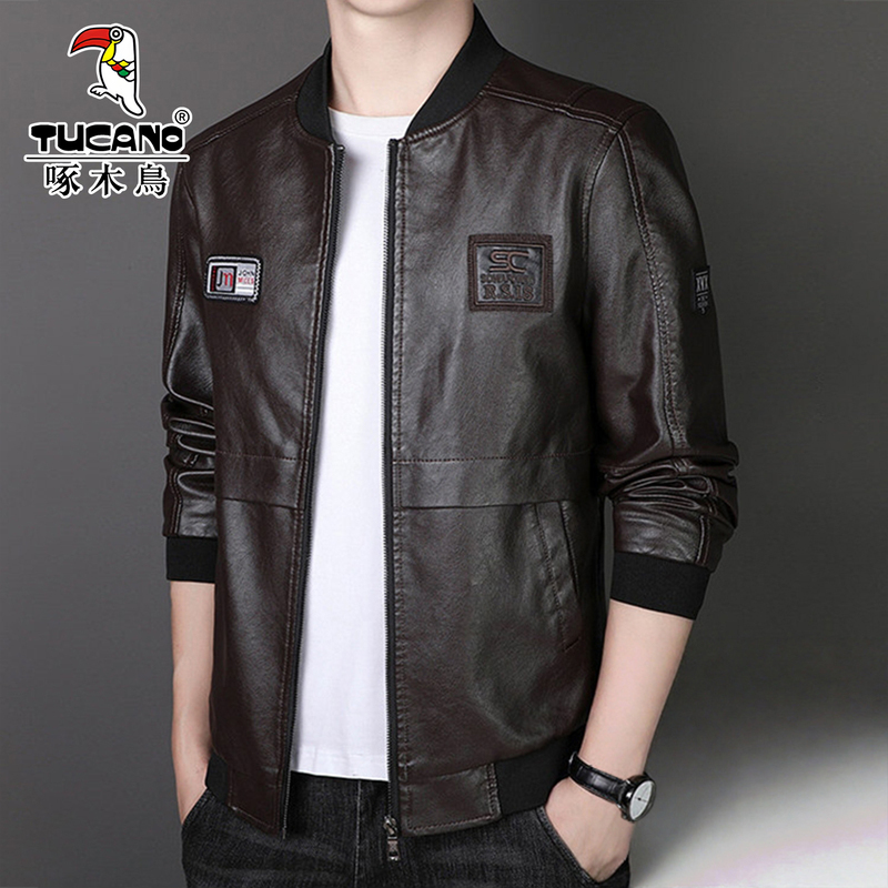 Woodpecker Men's Baseball Collar Leather Jacket Autumn/Winter Trendy Versatile Casual Leather Coat Stylish Slim Fit Biker Jacket Woodpecker Men's Baseball Collar Leather Jacket Autumn/Winter Trendy Versatile Casual Leather Coat Stylish Slim Fit Biker Jacket