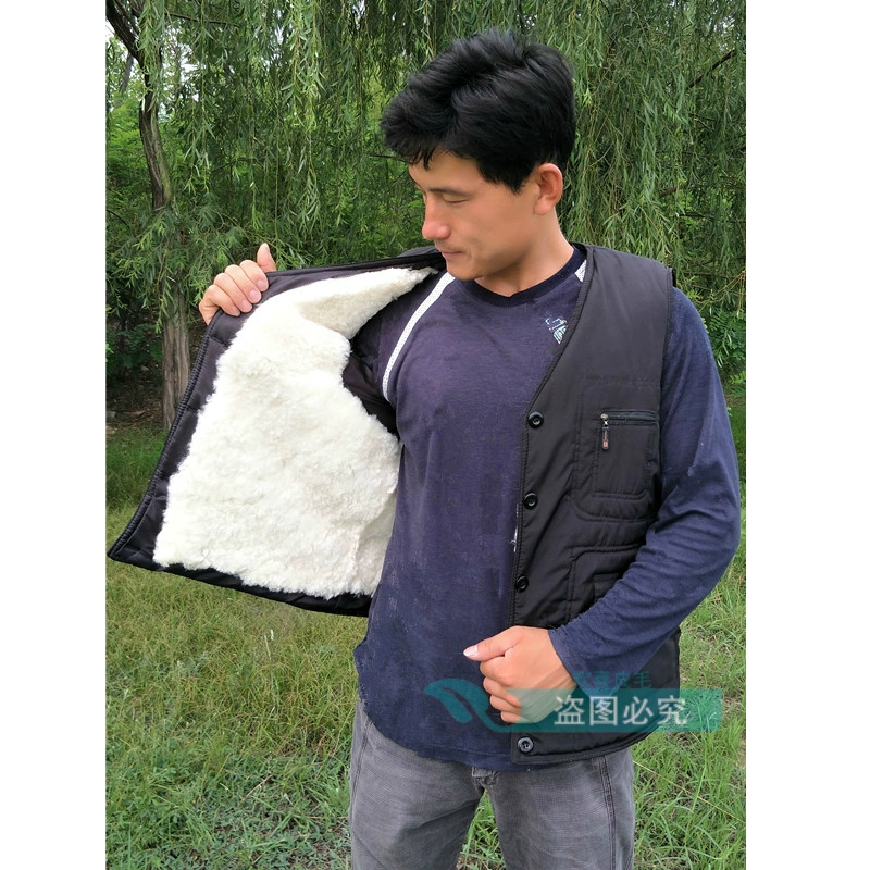 Áo len nam trung niên lông cừu thật xù lông một chiếc áo vest nam bằng da cừu vest ấm vest áo ba lô nam
