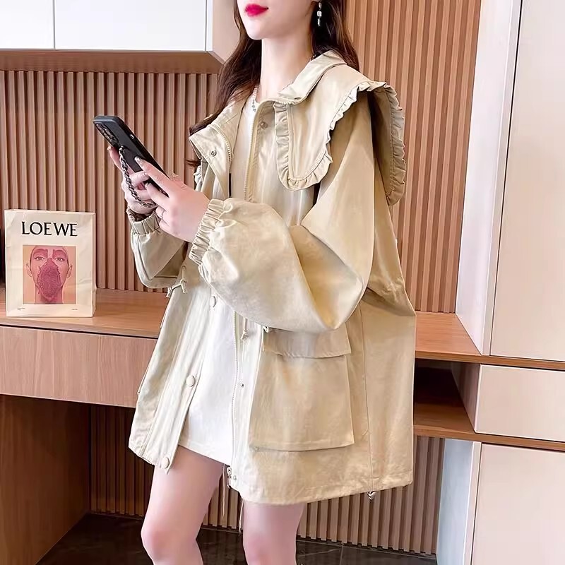 Plus Size Women's Lace Navy Collar Cardigan Windbreaker Jacket Women's Autumn and Winter New Style Fleece-Lined Mid-Length Top Plus Size Women's Lace Navy Collar Cardigan Windbreaker Jacket Women's Autumn and Winter New Style Fleece-Lined Mid-Length Top