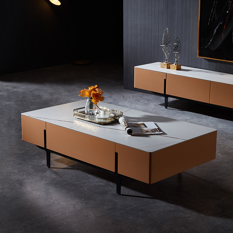 Italian Style Light Lavish Rockboard Tea Table Minimalist Modern Living Room Rectangular Marble TV Cabinet Combination Orange Furniture