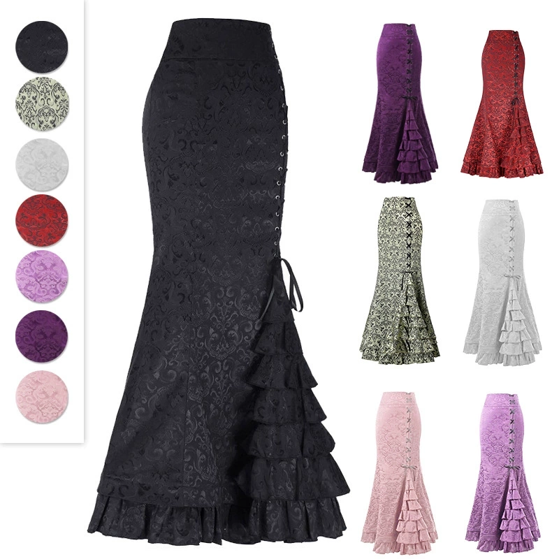 European and American Halloween Women's Clothing, Gothic Style, Dark Style Skirt, Jacquard Long Skirt, Subculture Lace-Up Hip-Hugging Fishtail Skirt