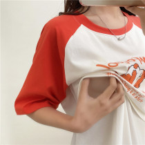 Pure Cotton Lactation Short Sleeve Summer Thin length sleeves Loose Breast Fed T-Shirt Upper Cover Round Collar Postpartum Lunar Suit Out