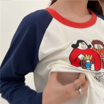 Pregnant woman pure cotton long sleeve outside wearing collage T-shirt loose cover head round collar feeding milky spring autumn summer thin short sleeves