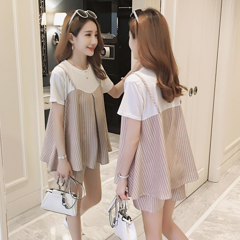 孕妇夏装套装2018新款时尚款条纹拼接孕妇套装短袖两件套潮妈夏季