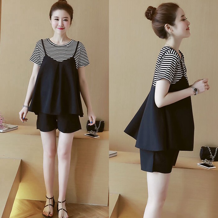 孕妇装套装夏装潮妈短袖条纹假两件上衣+托腹短裤两件套时尚款夏
