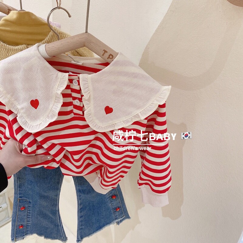 2022 Spring loaded women's baby new Korean children dress girl foreign dolls collar blouses for children 100 lap striped casual blouses