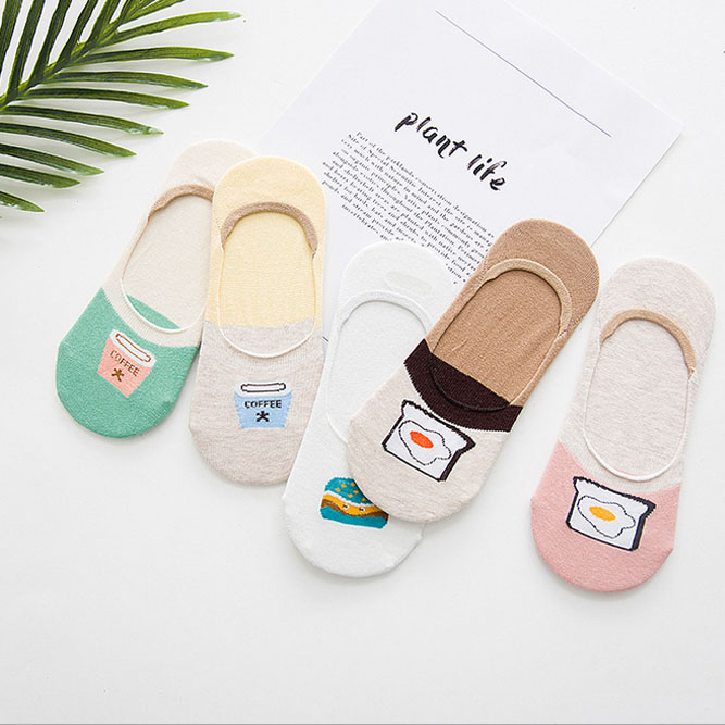 5 pairs of summer invisible boat Socks thin men and women shallow non-slip bean socks short socks striped couples pure cotton socks