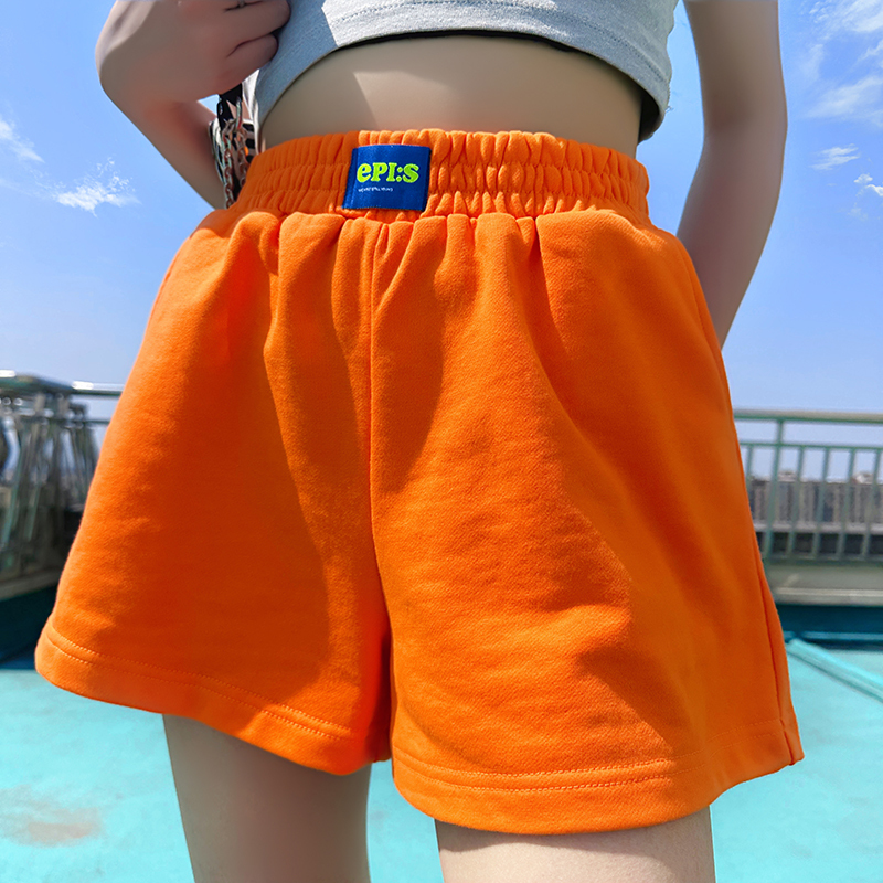 Orange Casual Sports Shorts for Women, Summer 2026, Elastic Waistband, Label Patch, Loose Fit, Slimming A-Line Wide-Leg Pants