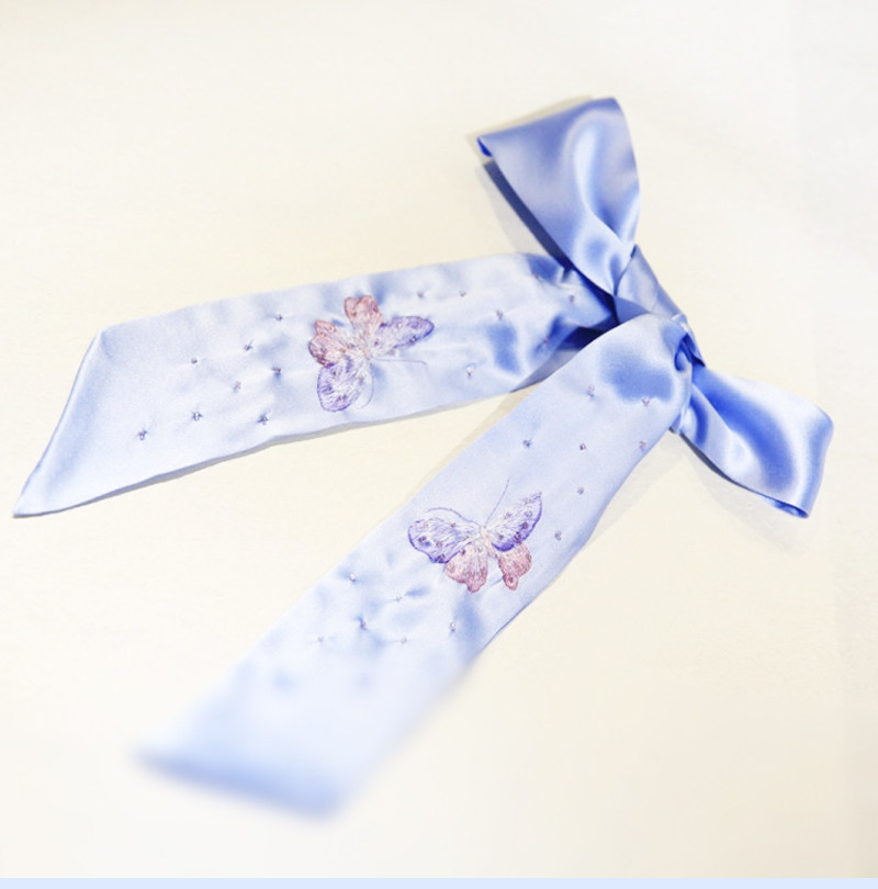 Вышивка Сучжоу 《仲夏夜梦》重工1-2丝蝴蝶绣花长巾发带 缀入时光的梦 定制苏绣