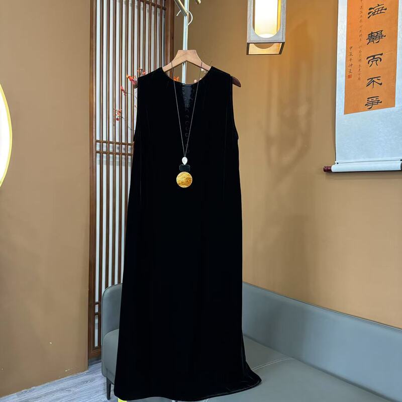 【Zhongxiansen】100% Mulberry Silk Velvet Sleeveless Back Button Black Vest Dress for Women 519 【Zhongxiansen】100% Mulberry Silk Velvet Sleeveless Back Button Black Vest Dress for Women 519