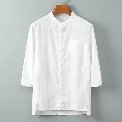 Famous style Chinese style linen shirt men's spring and autumn thin casual stand collar men's seven-point sleeve shirt