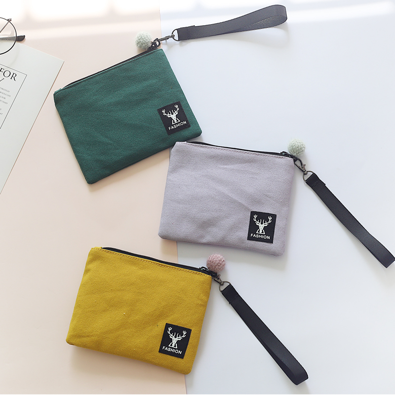 Pure Color Cute Little Deer Printed Canvas Han Edition Mobile Phone Bag Woman Wrist Hand Grab Type Portable Zero Wallet Coin Card Bag