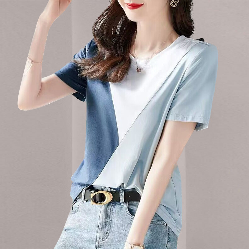 全棉高档上衣女夏季拼色短袖洋气拼接新款小众t恤撞色时尚减龄潮