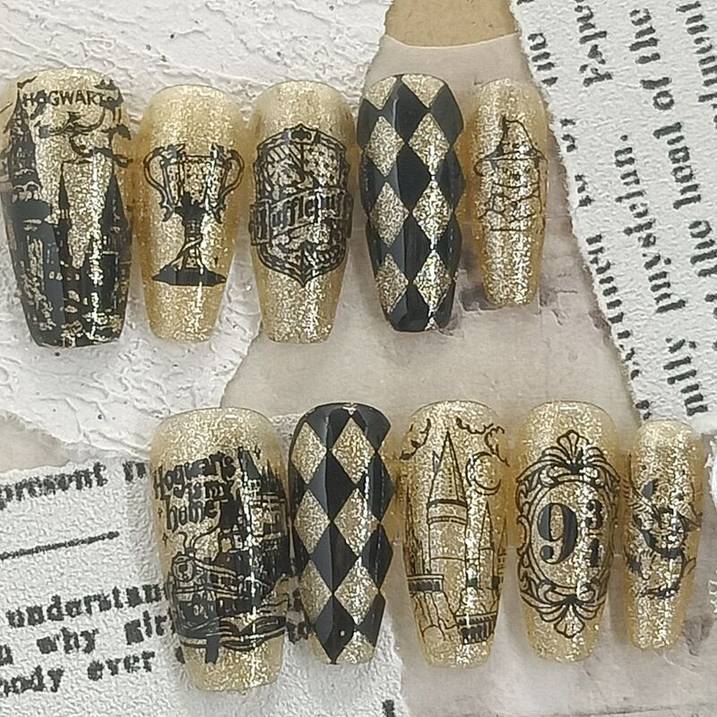 Handmade Reusable Nail Art Wearable Nails Harry Potter Hufflepuff Wearable Nails