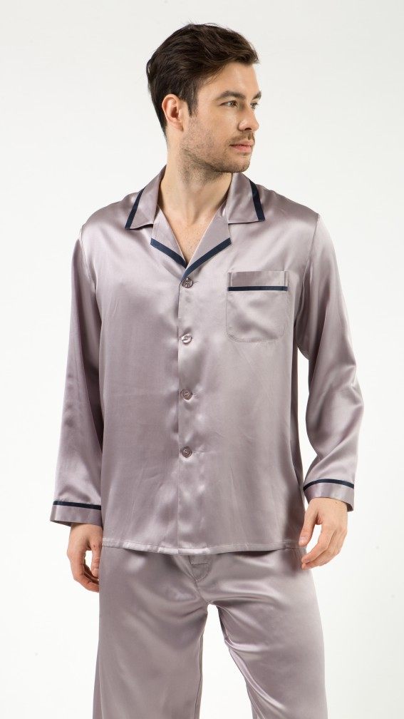 Suzhou silk silk pajamas men's solid color long-sleeved comfortable two-piece silk home service suit spring and autumn