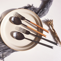 Huajia tree) Wenge) Korean 304 stainless steel ins imitation wooden handle fork spoon set Main Fork Main meal spoon