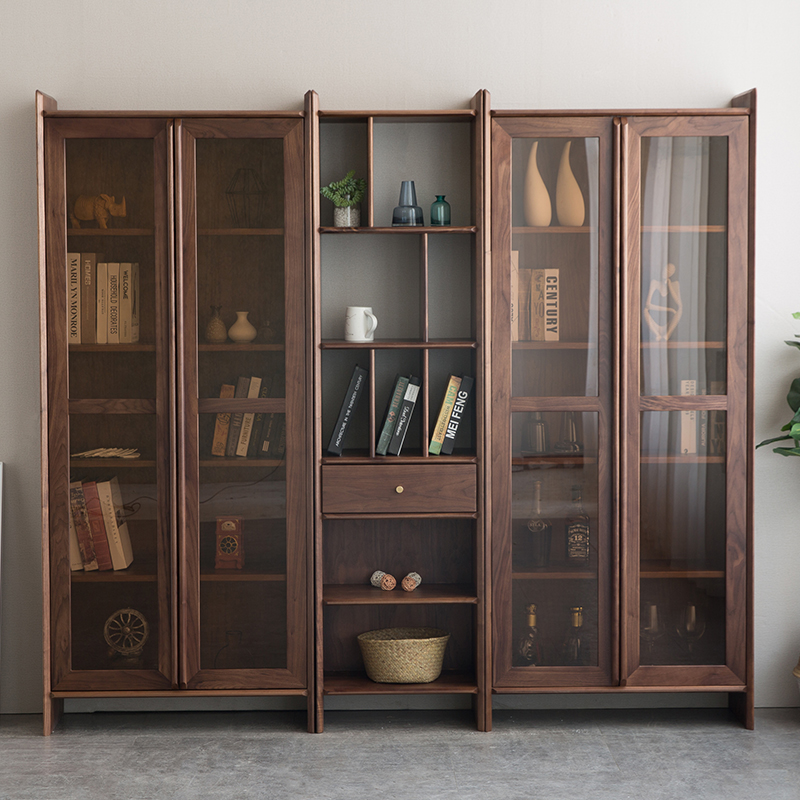 Nordic Full Solid Wood Black Walnuts Combined Bookcase Modern Book Room Oak Savings Cabinet Full Wall Bookcase With Door Landing Cabinet