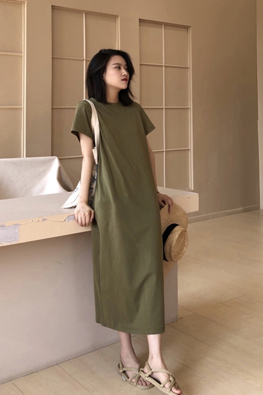 Pure Cotton Dress for Women 2025 Summer New Style All-Cotton Loose Mid-Length T-Shirt Dress with Back Slit over the Knee Plus Size Dress t Pure Cotton Dress for Women 2025 Summer New Style All-Cotton Loose Mid-Length T-Shirt Dress with Back Slit over the Knee Plus Size Dress t
