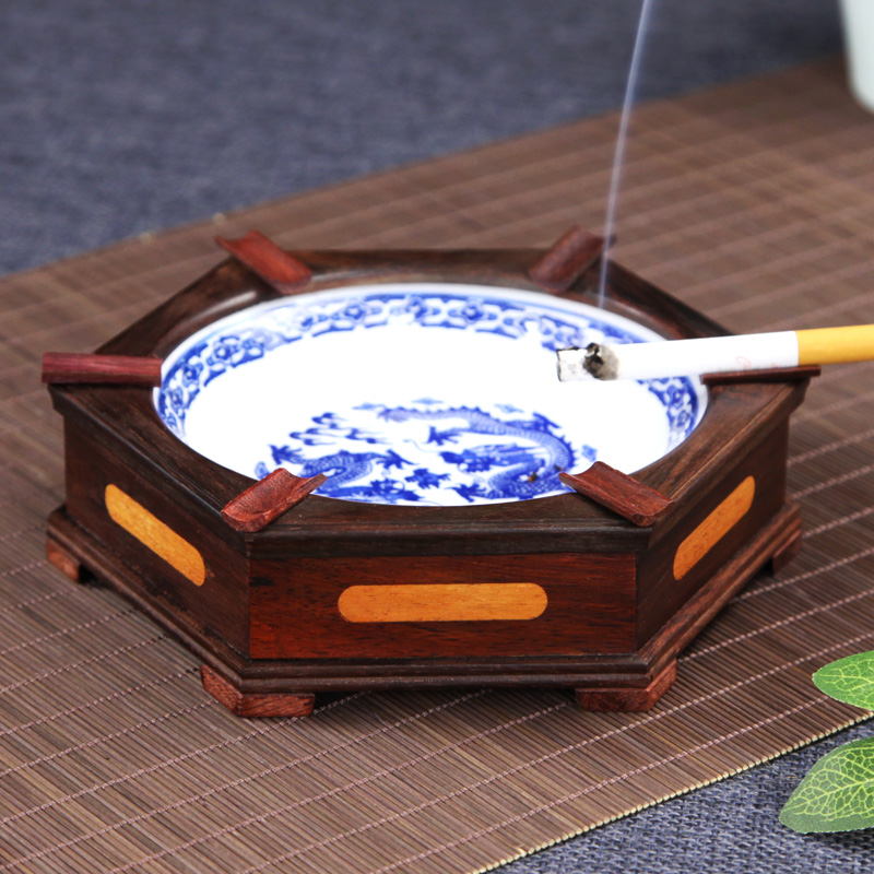 Mahogany cigarette cylinder Solid wood cigarette ashtray Office creative personality Retro cigarette cylinder Hexagonal antique cigarette ashtray