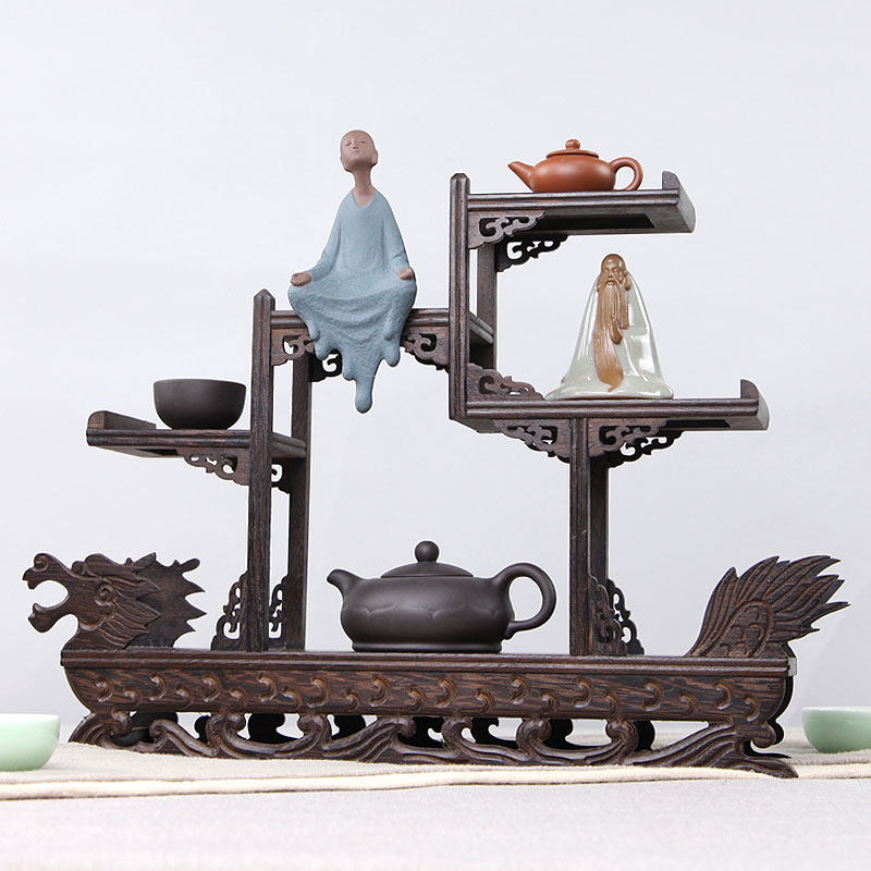 Chicken wing wood Xiaobo ancient frame solid wood Chinese dragon boat Duobaoge teapot tea set shelf rack decoration display stand