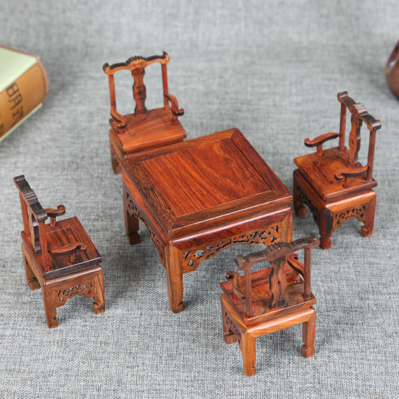 Red Wood Engraving Craftwork Pendulum with Ming and Qing Miniature Furniture Model Red Acid Branches Octaxian Table Official Hat Chair Circle Chair Miniature-Taobao