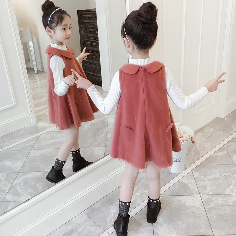 Girl's spring loaded with 2022 new fur Vest Dress Foreign Pie Girl Spring And Autumn Dolls Collar Princess Dresses