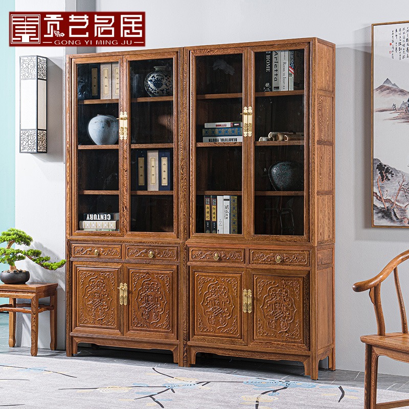 Mahogany furniture full chicken wing wood study glass door bookcase antique Chinese solid wood office bookcase bookshelf