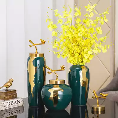 New Chinese ceramic dark green vase European light luxury with copper cover decoration decoration living room dry flower arrangement home accessories